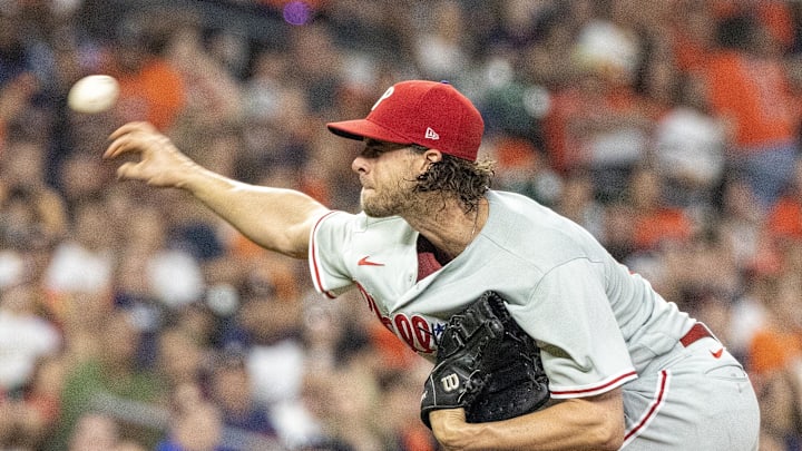 Apr 28, 2023; Houston, Texas, USA; Philadelphia Phillies starting pitcher Aaron Nola (27) pitches