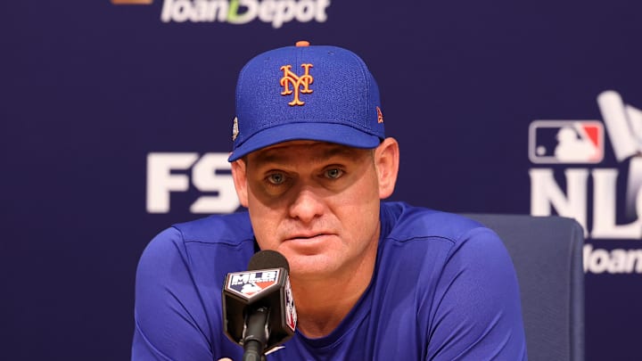 Oct 13, 2024; Los Angeles, California, USA; New York Mets manager Carlos Mendoza (64) speaks to the media before game one of the NLCS for the 2024 MLB Playoffs at Dodger Stadium. Mandatory Credit: Kiyoshi Mio-Imagn Images Oct 13, 2024; Los Angeles, California, USA; New York Mets manager Carlos Mendoza (64) speaks to the media before game one of the NLCS for the 2024 MLB Playoffs at Dodger Stadium. Mandatory Credit: Kiyoshi Mio-Imagn Images