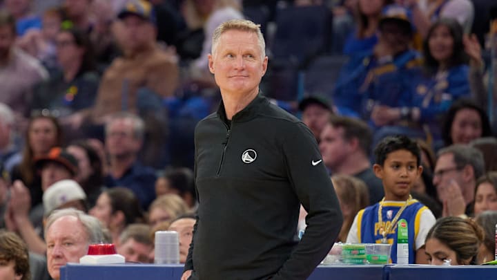 Jan 18, 2025; San Francisco, California, USA; Golden State Warriors head coach Steve Kerr reacts against the Washington Wizards during the third quarter at Chase Center. Mandatory Credit: Robert Edwards-Imagn Images