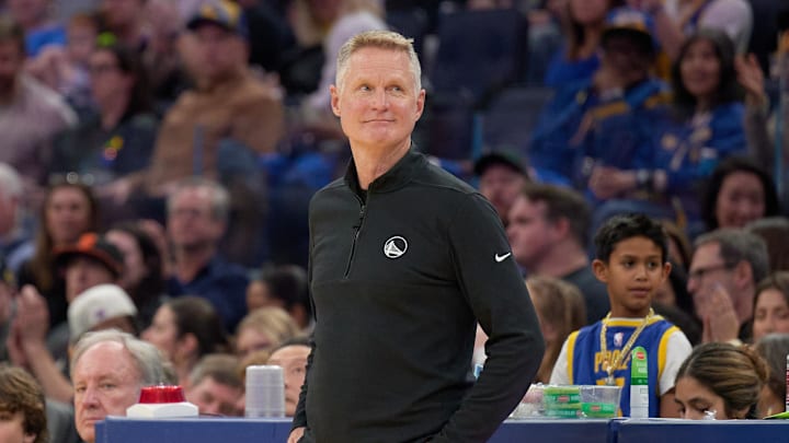 Jan 18, 2025; San Francisco, California, USA; Golden State Warriors head coach Steve Kerr reacts against the Washington Wizards during the third quarter at Chase Center. Mandatory Credit: Robert Edwards-Imagn Images