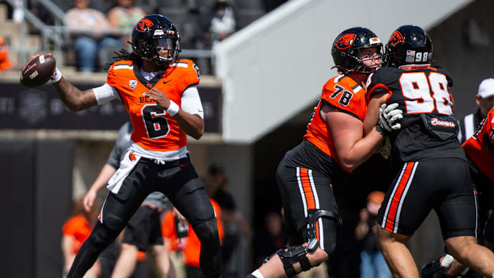 Oregon State's Maalik Murphy, left, throws the ball during the Oregon State Spring Game at Reser Stadium on Saturday, April 19, 2025, in Corvallis, Ore.