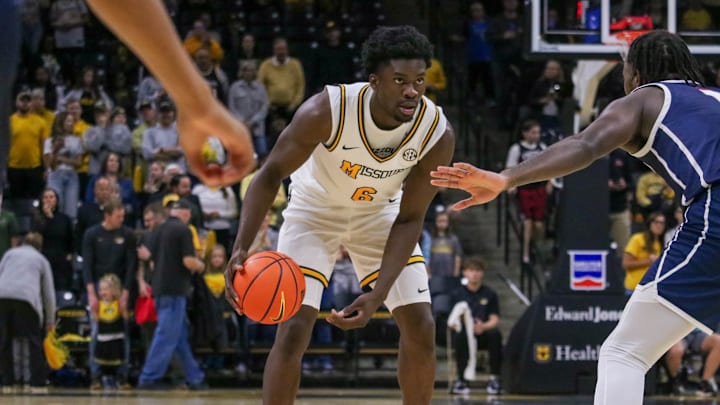 Nov. 8, 2024; Columbia, Missouri, USA; Missouri Tigers guard Annor Boateng (6) dribbles the ball against the Howard Bison.