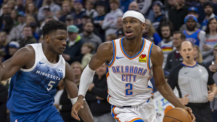Jan 20, 2024; Minneapolis, Minnesota, USA; Oklahoma City Thunder guard Shai Gilgeous-Alexander (2)