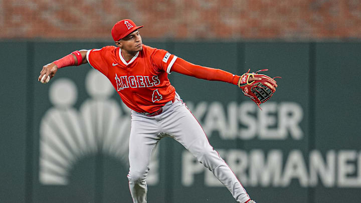 Jul 1, 2025; Cumberland, Georgia, USA; Los Angeles Angels second baseman Christian Moore (4) throws out Atlanta Braves designated hitter Marcell Ozuna (20) (not shown) during the eighth inning at Truist Park. Mandatory Credit: Dale Zanine-Imagn Images