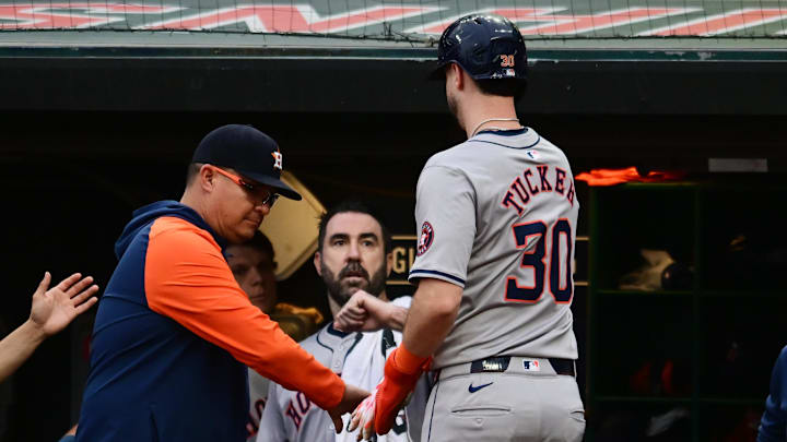 Sep 28, 2024; Cleveland, Ohio, USA; Houston Astros right fielder Kyle Tucker (30) celebrates after scoring during the first inning against the Cleveland Guardians at Progressive Field. Mandatory Credit: Ken Blaze-Imagn Images