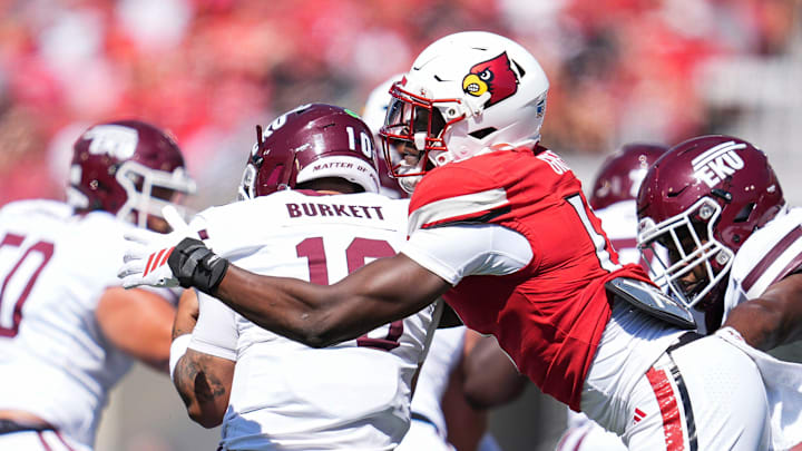 Louisville Cardinals defensive lineman AJ Green (17) sacks Eastern Kentucky Colonels quarterback Myles Burkett (10) during the first half against EKU at the Cardinals' season opener Saturday, August 30, 2025 at L&N Federal Credit Union Stadium in Louisville, Kentucky.