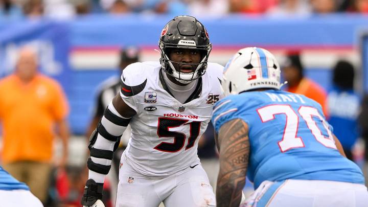 Oct 11, 2026; Nashville, Tennessee, USA; Houston Texans defensive end Will Anderson Jr. (51) sneaks a peak into the backfield against the Tennessee Titans during the second half at Nissan Stadium. Oct 11, 2026; Nashville, Tennessee, USA; Houston Texans defensive end Will Anderson Jr. (51) sneaks a peak into the backfield against the Tennessee Titans during the second half at Nissan Stadium.