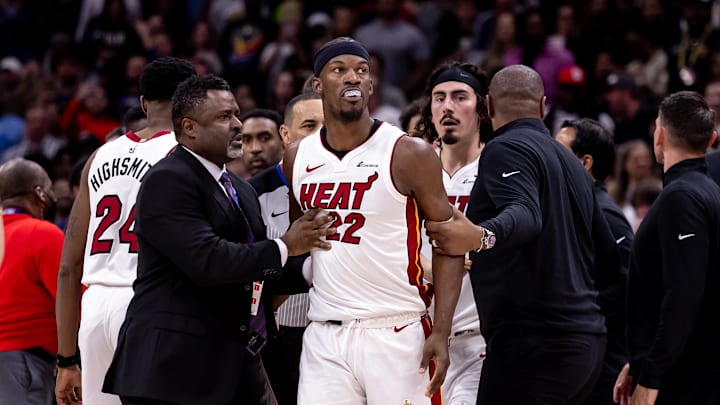 Feb 23, 2024; New Orleans, Louisiana, USA;  Miami Heat forward Jimmy Butler (22) and New Orleans