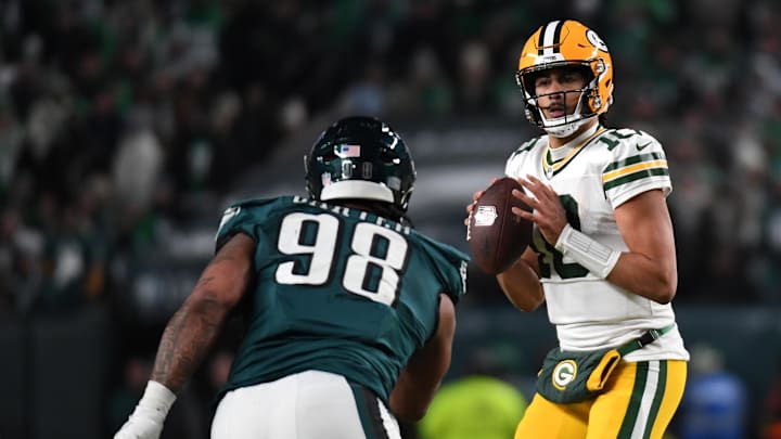 Green Bay Packers quarterback Jordan Love (10) drops back to pass against the Philadelphia Eagles on Sunday.