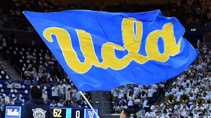 Nov 12, 2021; Los Angeles, California, USA; A UCLA flag is flown before the game between the Bruins and the Villanova Wildcats at Pauley Pavilion. Mandatory Credit: Richard Mackson-Imagn Images