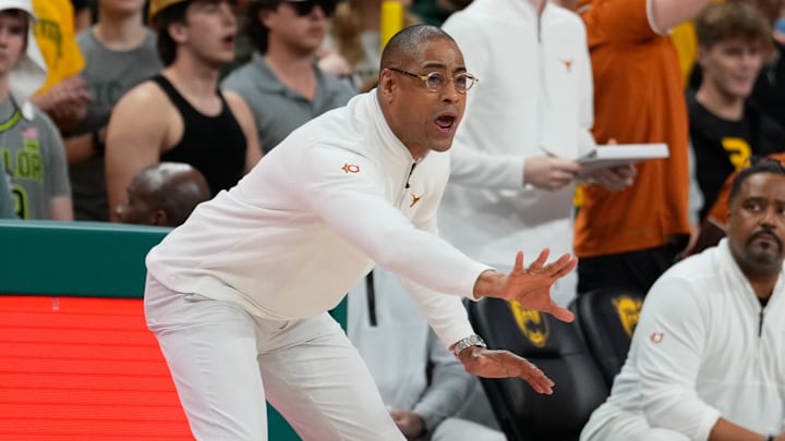 Mar 4, 2024; Waco, Texas, USA; Texas Longhorns head coach Rodney Terry calls a play against the Baylor Bears during the first half at Paul and Alejandra Foster Pavilion. Mandatory Credit: Chris Jones-Imagn Images