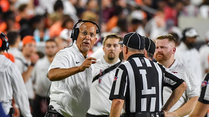 Sep 5, 2026; Blacksburg, Virginia, USA; Virginia Tech Hokies head coach James Franklin has a conversation with officials during the third quarter against the VMI Keydets at Lane Stadium. Mandatory Credit: Brian Bishop-Imagn Images Sep 5, 2026; Blacksburg, Virginia, USA; Virginia Tech Hokies head coach James Franklin has a conversation with officials during the third quarter against the VMI Keydets at Lane Stadium. Mandatory Credit: Brian Bishop-Imagn Images