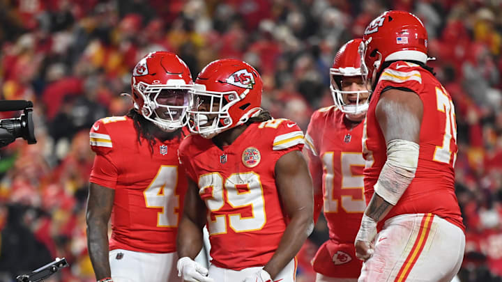 Dec 7, 2025; Kansas City, Missouri, USA; Kansas City Chiefs wide receiver Rashee Rice (4) and Kansas City Chiefs running back Kareem Hunt (29) celebrate after a touchdown during the third quarter against the Houston Texans at GEHA Field at Arrowhead Stadium. Mandatory Credit: Amy Kontras-Imagn Images Dec 7, 2025; Kansas City, Missouri, USA; Kansas City Chiefs wide receiver Rashee Rice (4) and Kansas City Chiefs running back Kareem Hunt (29) celebrate after a touchdown during the third quarter against the Houston Texans at GEHA Field at Arrowhead Stadium. Mandatory Credit: Amy Kontras-Imagn Images