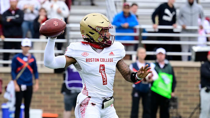 Sep 16, 2023; Chestnut Hill, Massachusetts, USA; Boston College Eagles quarterback Thomas Castellanos (1) throws a pass against the Florida State Seminoles during the first half at Alumni Stadium. Mandatory Credit: Eric Canha-Imagn Images