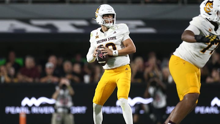 Arizona State Sun Devils quarterback Sam Leavitt (10) drops back to pass during the third quarter against the Mississippi State Bulldogs at Davis Wade Stadium at Scott Field. Mandatory Credit: Petre Thomas-Imagn Images