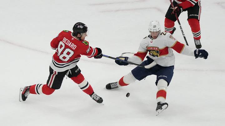 Oct 25, 2026; Chicago, Illinois, USA; Florida Panthers center Eetu Luostarinen (27) blocks the shot of Chicago Blackhawks center Connor Bedard (98) during the second period at United Center. Mandatory Credit: David Banks-Imagn Images Oct 25, 2026; Chicago, Illinois, USA; Florida Panthers center Eetu Luostarinen (27) blocks the shot of Chicago Blackhawks center Connor Bedard (98) during the second period at United Center. Mandatory Credit: David Banks-Imagn Images