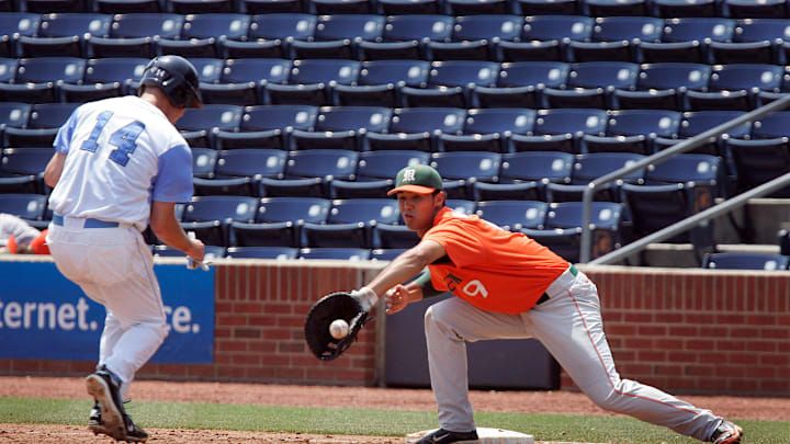 May 26, 2011; Durham, NC, USA; North Carolina Tar Heels pitcher Greg Holt (14) cannot get back to