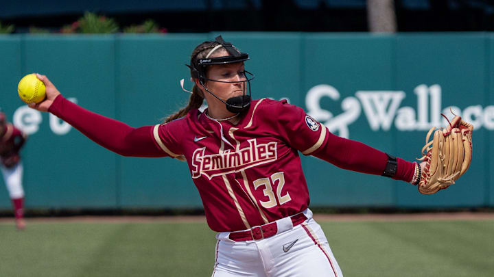Florida State Seminoles pitcher Jazzy Francik (32) winds up to pitch. The Texas Tech Red Raiders defeated the Florida State Seminoles 2-1 in the NCAA WCWS Super Regionals on Friday, May 23, 2025.