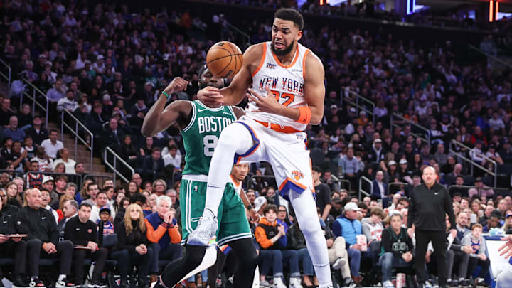 Feb 8, 2025; New York, New York, USA; New York Knicks center Karl-Anthony Towns (32) grabs a rebound in the third quarter against the Boston Celtics at Madison Square Garden. Mandatory Credit: Wendell Cruz-Imagn Images Feb 8, 2025; New York, New York, USA; New York Knicks center Karl-Anthony Towns (32) grabs a rebound in the third quarter against the Boston Celtics at Madison Square Garden. Mandatory Credit: Wendell Cruz-Imagn Images
