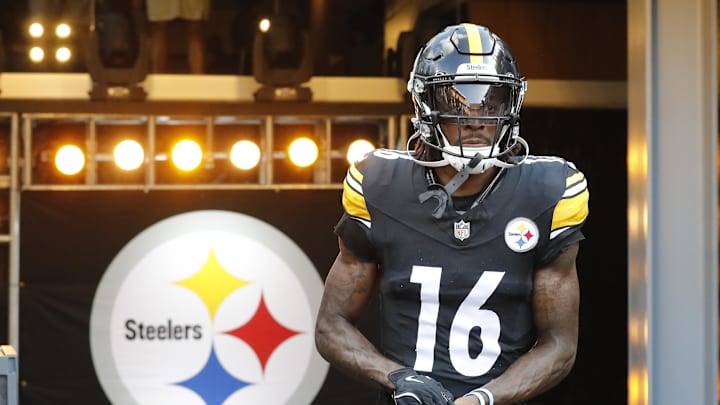 Aug 9, 2024; Pittsburgh, Pennsylvania, USA;  Pittsburgh Steelers wide receiver Quez Watkins (16) takes the field to warm up before the game against the Houston Texans at Acrisure Stadium. Mandatory Credit: Charles LeClaire-Imagn Images
