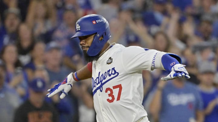 Oct 26, 2024; Los Angeles, California, USA; Los Angeles Dodgers outfielder Teoscar Hernandez (37) celebrates after hitting a two run home run in the third inning against the New York Yankees during game two of the 2024 MLB World Series at Dodger Stadium. Mandatory Credit: Jayne Kamin-Oncea-Imagn Images