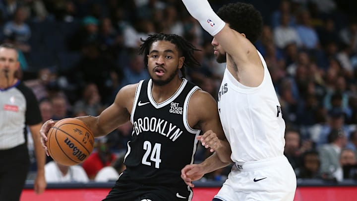 Oct 30, 2024; Memphis, Tennessee, USA; Brooklyn Nets guard Cam Thomas (24) drives to the basket as Memphis Grizzlies guard Scotty Pippen Jr. (1) defends during the first half at FedExForum. Mandatory Credit: Petre Thomas-Imagn Images Oct 30, 2024; Memphis, Tennessee, USA; Brooklyn Nets guard Cam Thomas (24) drives to the basket as Memphis Grizzlies guard Scotty Pippen Jr. (1) defends during the first half at FedExForum. Mandatory Credit: Petre Thomas-Imagn Images
