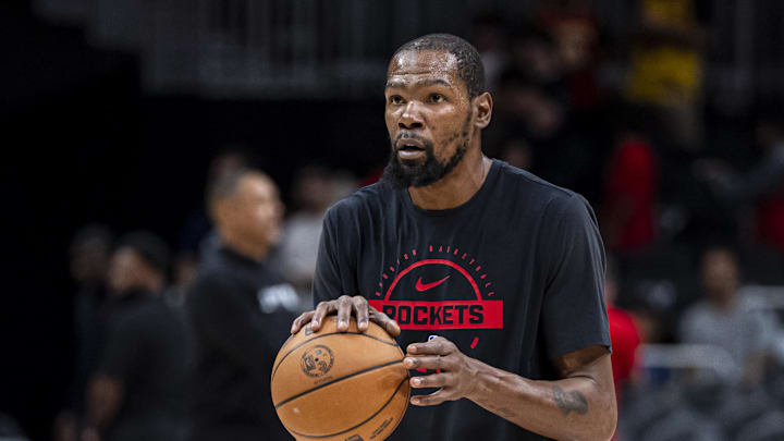 Oct 16, 2025; Atlanta, Georgia, USA; Houston Rockets forward Kevin Durant (7) warms up prior to the game against the Atlanta Hawks at State Farm Arena. Mandatory Credit: Dale Zanine-Imagn Images