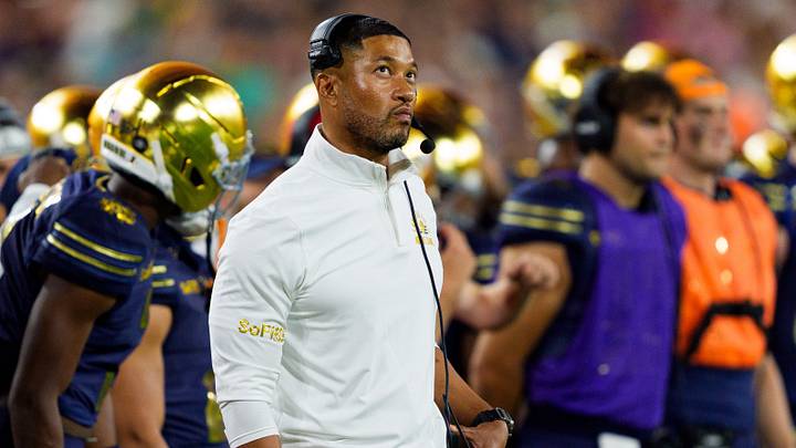Notre Dame head coach Marcus Freeman looks on during the second half of a NCAA football game against Wisconsin at Lambeau Field on Sunday, Sept. 6, 2026, in Green Bay, WI. Notre Dame head coach Marcus Freeman looks on during the second half of a NCAA football game against Wisconsin at Lambeau Field on Sunday, Sept. 6, 2026, in Green Bay, WI.