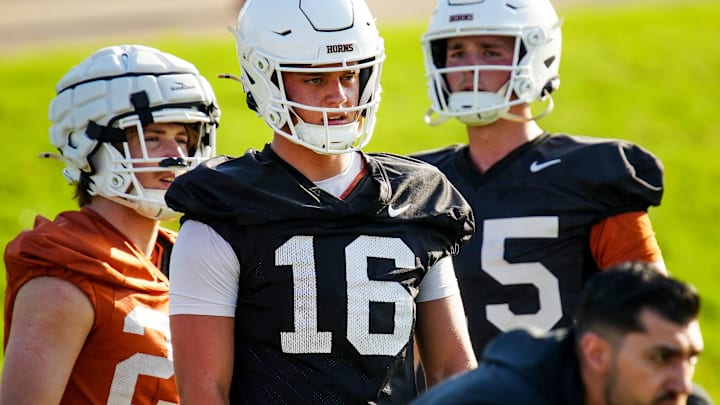 Texas Longhorns quarterback Arch Manning during his first practice of the spring season on Tuesday, March 25, 2025.