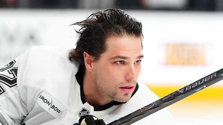 Feb 5, 2026; Las Vegas, Nevada, USA; Los Angeles Kings left wing Kevin Fiala (22) warms up before a game against the Vegas Golden Knights at T-Mobile Arena. Mandatory Credit: Stephen R. Sylvanie-Imagn Images
