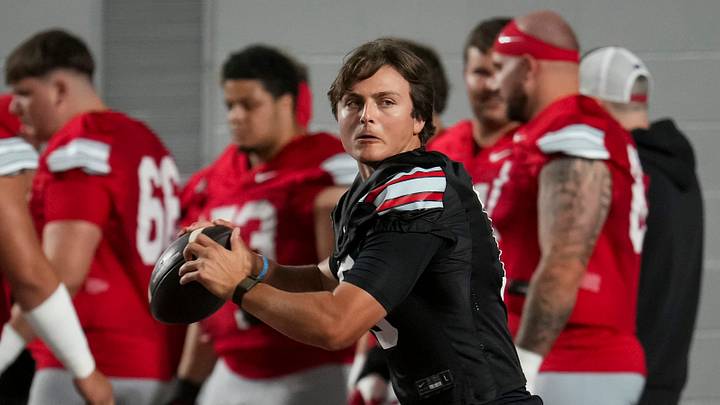 Ohio State Buckeyes quarterback Julian Sayin (10) throws during football training camp inside the Woody Hayes Athletic Center in Columbus on Aug. 7, 2026. Ohio State Buckeyes quarterback Julian Sayin (10) throws during football training camp inside the Woody Hayes Athletic Center in Columbus on Aug. 7, 2026.