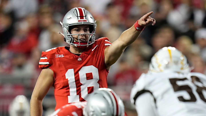 Sep 7, 2024; Columbus, Ohio, USA; Ohio State Buckeyes quarterback Will Howard (18) motions during the second half of the NCAA football game against the Western Michigan Broncos at Ohio Stadium.