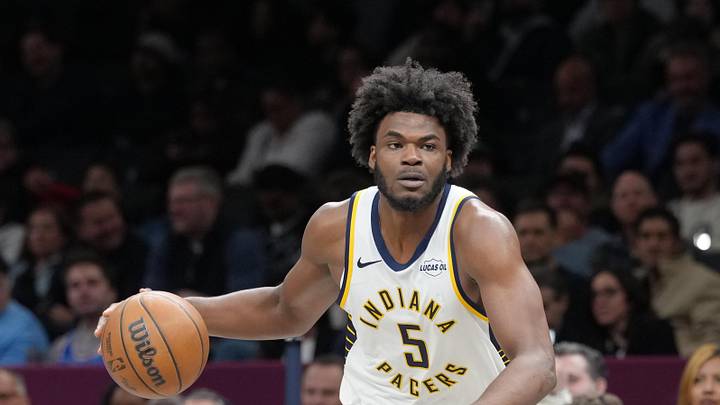 Apr 9, 2026; Brooklyn, New York, USA;  Indiana Pacers forward Jarace Walker (5) drives to the basket against the Brooklyn Nets during the second half at Barclays Center. Mandatory Credit: Gregory Fisher-Imagn Images