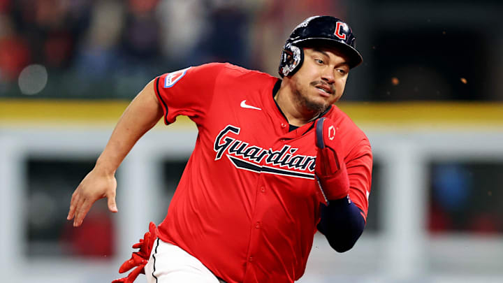 Oct 19, 2024; Cleveland, Ohio, USA; Cleveland Guardians first base Josh Naylor (22) runs to third base on the way to score a run during the second inning against the New York Yankees during game five of the ALCS for the 2024 MLB playoffs at Progressive Field. Mandatory Credit: Scott Galvin-Imagn Images