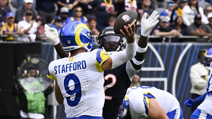 Sep 29, 2024; Chicago, Illinois, USA; Chicago Bears defensive end Darrell Taylor (52) pressures Los Angeles Rams quarterback Matthew Stafford (9) at the end of the second half at Soldier Field. Mandatory Credit: Matt Marton-Imagn Images Sep 29, 2024; Chicago, Illinois, USA; Chicago Bears defensive end Darrell Taylor (52) pressures Los Angeles Rams quarterback Matthew Stafford (9) at the end of the second half at Soldier Field. Mandatory Credit: Matt Marton-Imagn Images