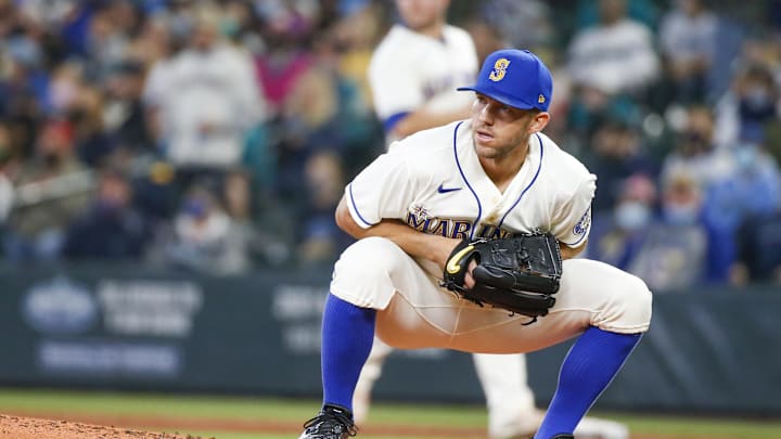 Oct 3, 2021; Seattle, Washington, USA; Seattle Mariners starting pitcher Tyler Anderson (31) reacts
