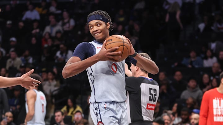 Feb 5, 2025; Brooklyn, New York, USA;  Washington Wizards guard Bilal Coulibaly (0) reacts after recording a triple-double in the fourth quarter against the Brooklyn Nets at Barclays Center. Mandatory Credit: Wendell Cruz-Imagn Images