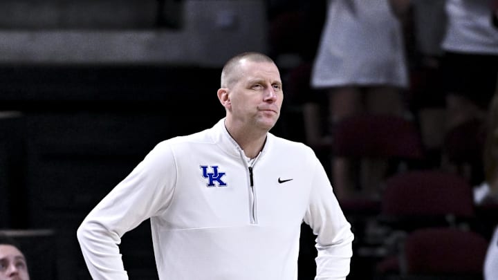 Mar 3, 2026; College Station, Texas, USA; Kentucky Wildcats head coach Mark Pope looks on during the first half against the Texas A&M Aggies at Reed Arena. Mandatory Credit: Maria Lysaker-Imagn Images 