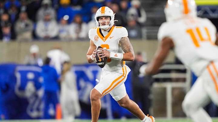 Tennessee quarterback Joey Aguilar (6) runs with the ball during a NCAA football game against Kentucky at Kroger Field in Lexington, Kentucky on Oct. 25, 2025.