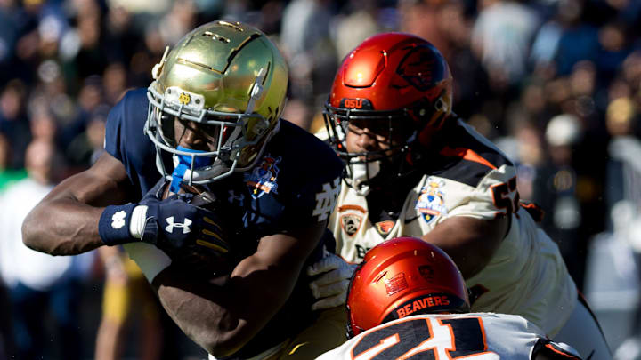 Notre Dame's Jeremiyah Love (12) at the 90th Sun Bowl game against Oregon State in El Paso, Texas Friday, Dec. 29, 2023.
