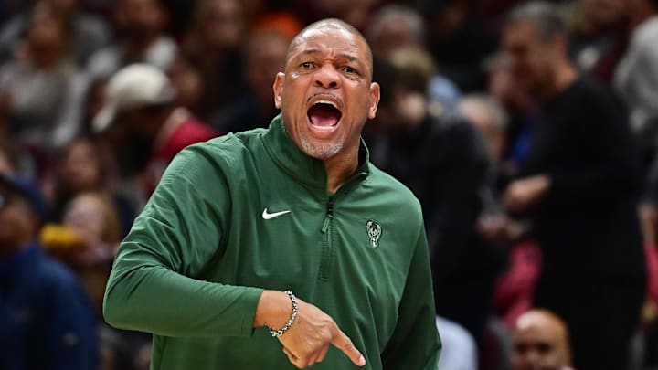 Milwaukee Bucks head coach Doc Rivers reacts during the first half against the Cleveland Cavaliers at Rocket Mortgage FieldHouse on November 4, 2024.