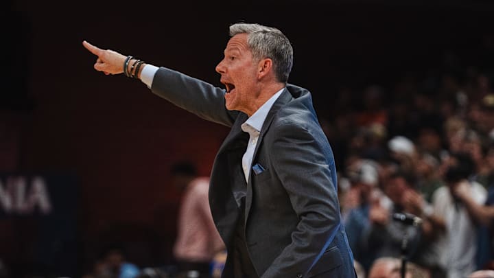 Feb 3, 2026; Charlottesville, Virginia, USA; Virginia Cavaliers head coach Ryan Odom instructs his team in the first half against the Pittsburgh Panthers at John Paul Jones Arena. Mandatory Credit: Emily Faith Morgan-Imagn Images