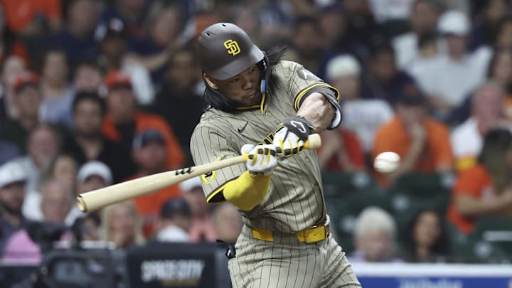 Apr 18, 2025; Houston, Texas, USA; San Diego Padres first baseman Connor Joe (24) bats during the ninth inning against the Houston Astros at Daikin Park. Mandatory Credit: Troy Taormina-Imagn Images