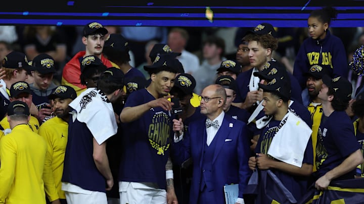 Apr 6, 2026; Indianapolis, IN, USA; Michigan Wolverines forward Yaxel Lendeborg (23) celebrates after defeating the UConn Huskies in the national championship of the Final Four of the men's 2026 NCAA Tournament at Lucas Oil Stadium. Mandatory Credit: Trevor Ruszkowski-Imagn Images