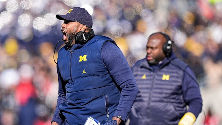 Michigan head coach Sherrone Moore reacts to a play against Ohio State during the first half at Ohio Stadium in Columbus, Ohio on Saturday, Nov. 30, 2024.