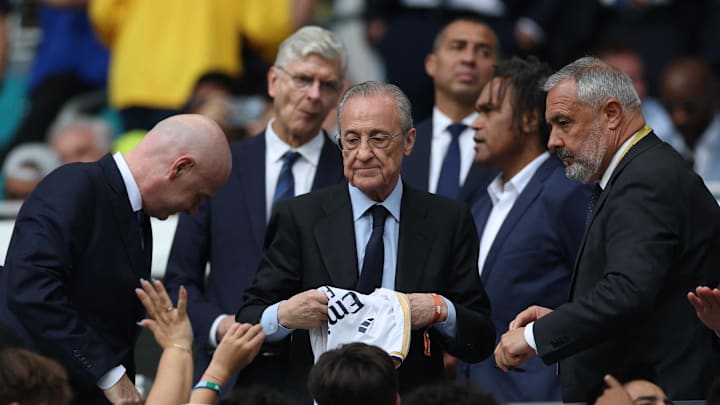 [Subscription Customers Only] Jul 1, 2025; Miami Gardens, Florida, USA; FIFA president Gianni Infantino and Real Madrid president Florentino Perez are pictured in the stands before the match during a round of 16 match of the 2025 FIFA Club World Cup at Hard Rock Stadium. Mandatory Credit: Hannah Mckay-Reuters via Imagn Images