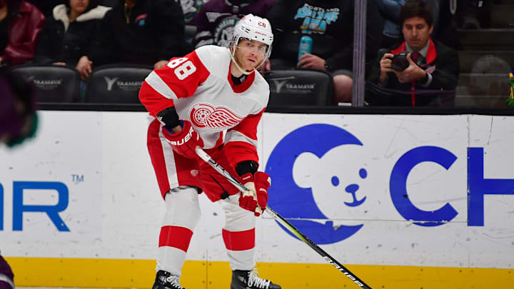 Detroit Red Wings right wing Patrick Kane (88) moves the puck in the offensive zone. 