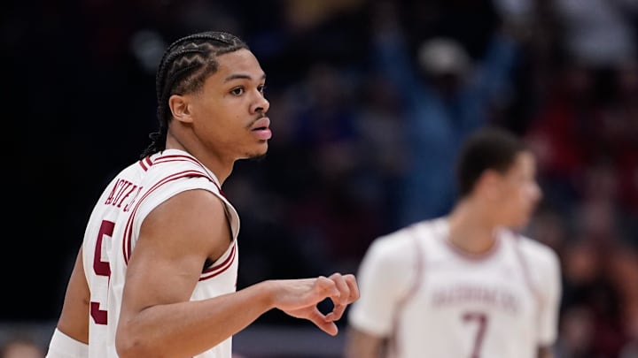 Arkansas guard Darius Acuff Jr. (5) celebrates a three-pointer during the first half of the SEC tournament championship game against Vanderbilt at Bridgestone Arena in Nashville, Tenn., Sunday, March 15, 2026.