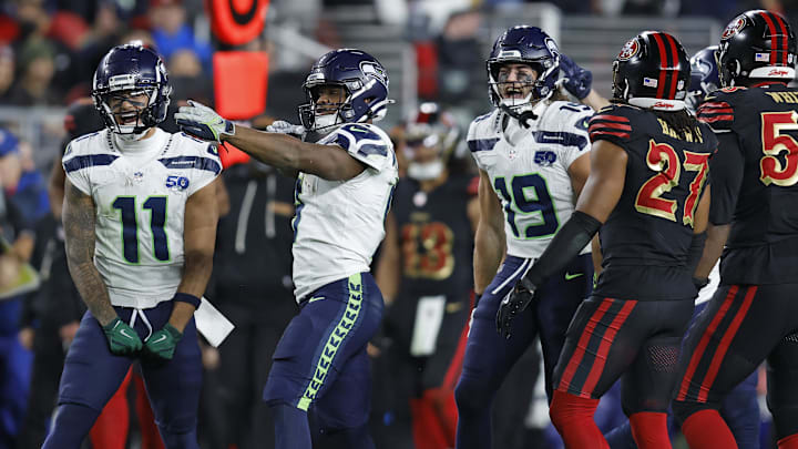 Jan 3, 2026; Santa Clara, California, USA; Seattle Seahawks running back Kenneth Walker III (9) reacts against the San Francisco 49ers during the second half at Levi's Stadium.