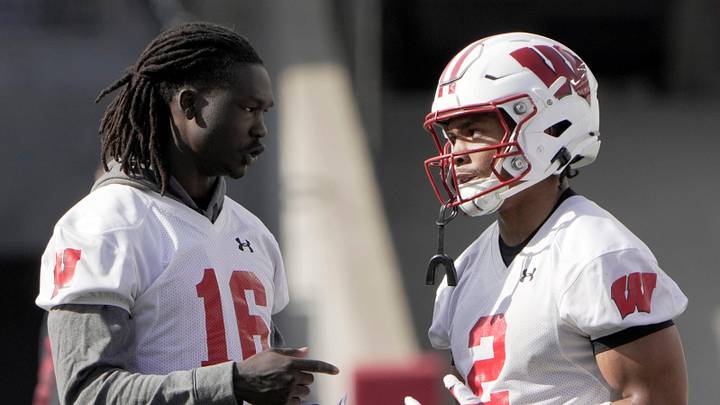 Wisconsin wide receivers Nate Coleman (16) and Chris Brooks Jr. are shown during spring football practice Tuesday, April 21, 2026 at Camp Randall Stadium in Madison, Wisconsin. Wisconsin wide receivers Nate Coleman (16) and Chris Brooks Jr. are shown during spring football practice Tuesday, April 21, 2026 at Camp Randall Stadium in Madison, Wisconsin.